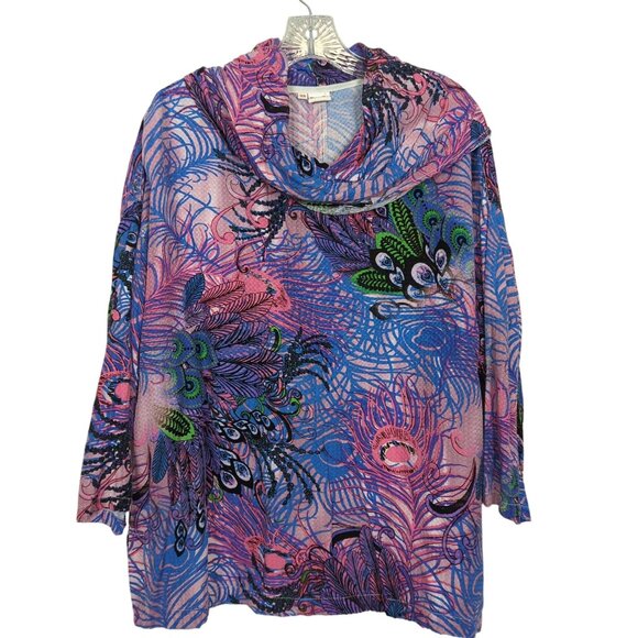 Tianello cowl neck tunic 3/4" sleeve peacock feathers colorful oversize sz XS‎ - Picture 1 of 11